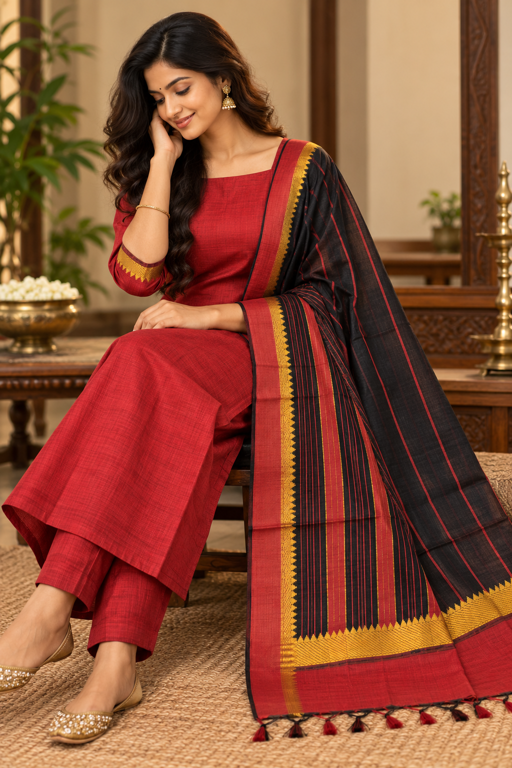 Mangalagiri Pattu Dress Material with Contrast Dupatta