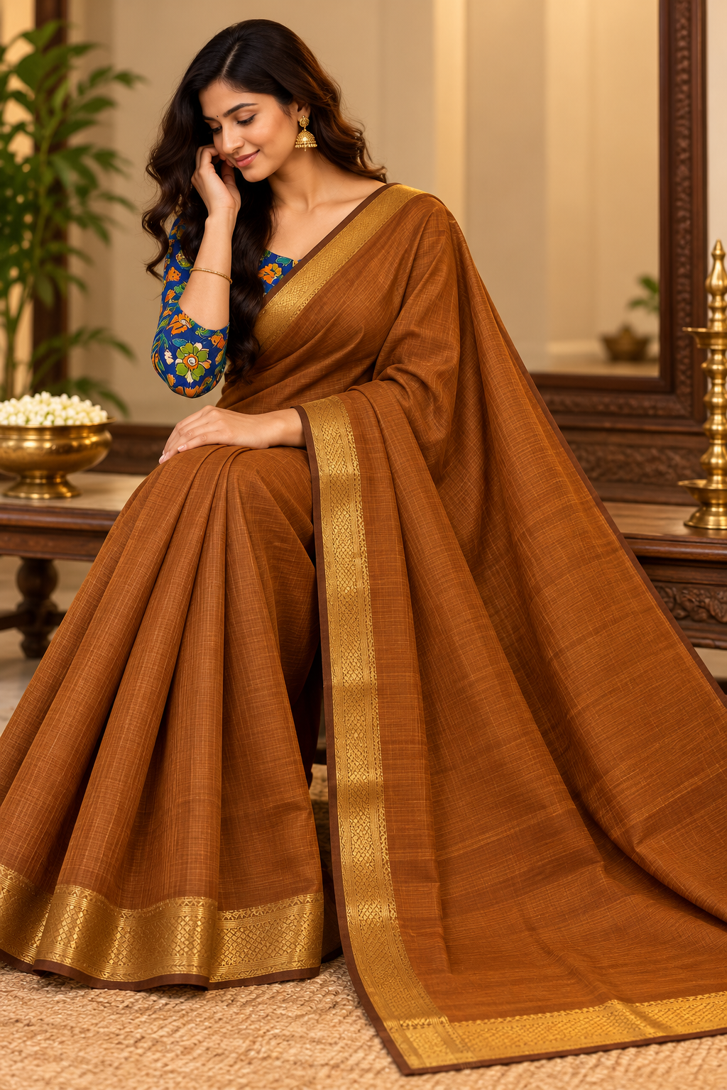 Mangalagiri Pure Cotton Nizam Border Saree with Kalamkari Blouse